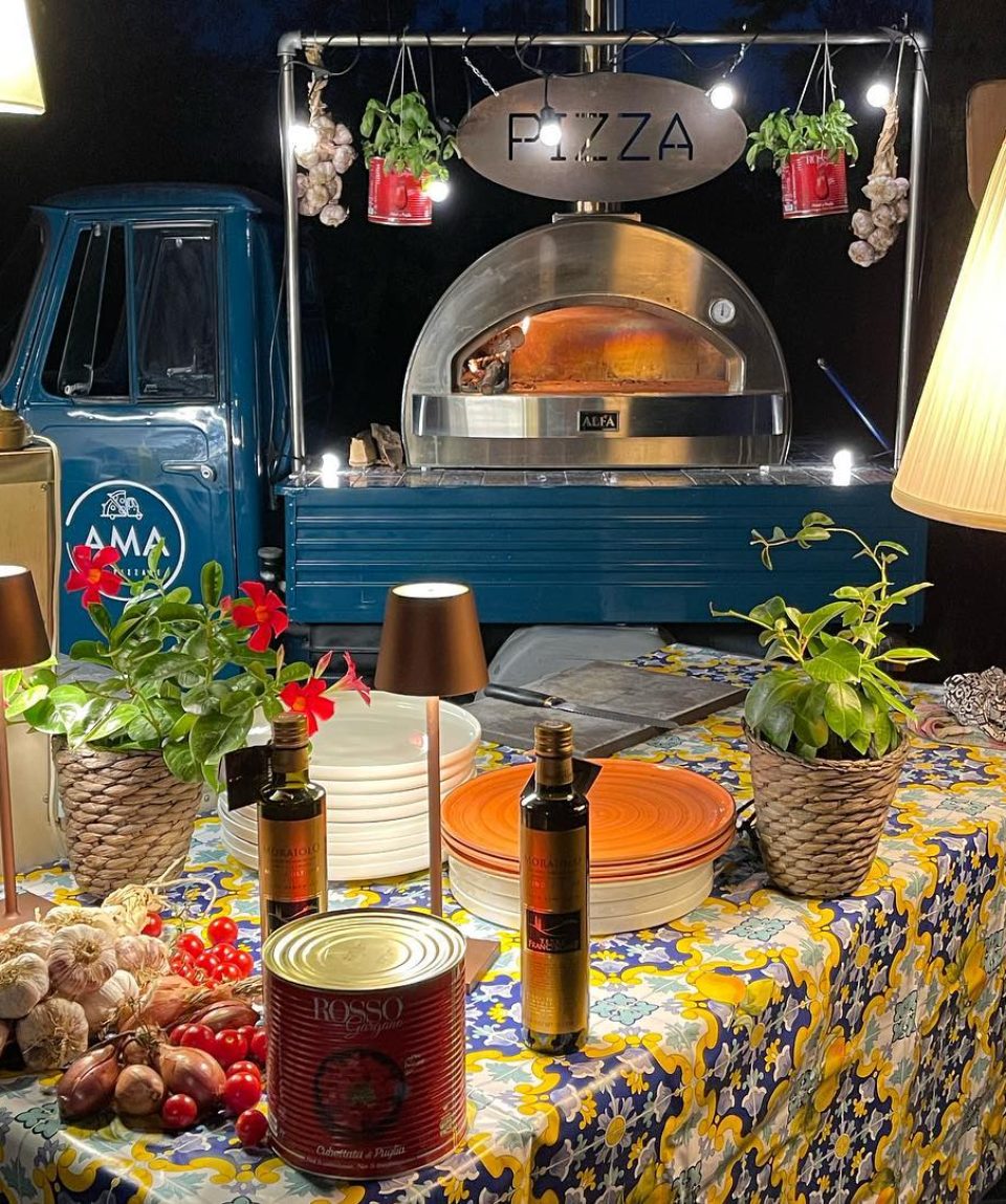 Wood-fired pizza oven setup for a private Coctails, Pizza Party and Gelato in Tuscany